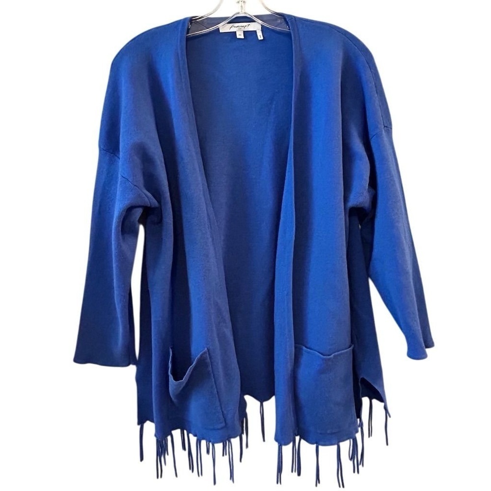 Foxcroft Women's 2X Blue‎ Open Front Cardigan with Fringe Hem